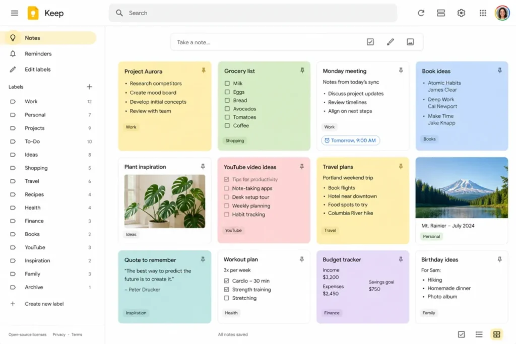 Google Keep with colored notes, labels, and checklist