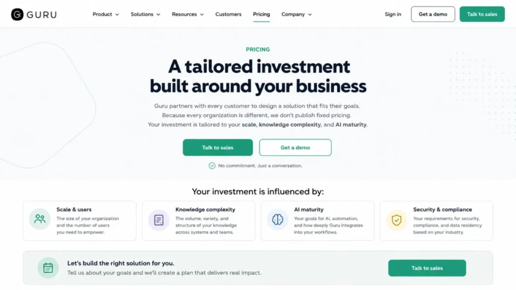 Guru pricing page showing tailored investment based on company scale, knowledge complexity, and AI maturity.