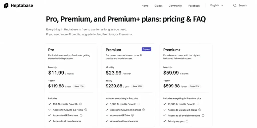 Heptabase pricing showing Pro at $11.99 with 100 AI credits and Premium at $23.99 with 1,800 AI credits