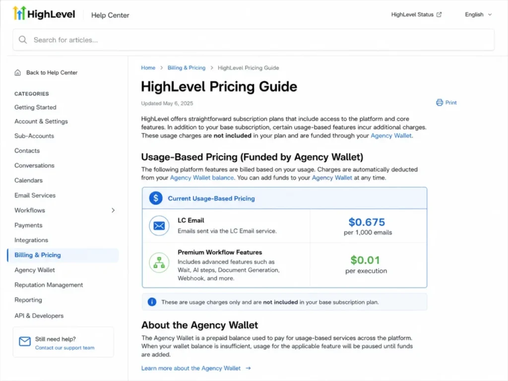 HighLevel Agency Wallet usage pricing for email and premium workflow features
