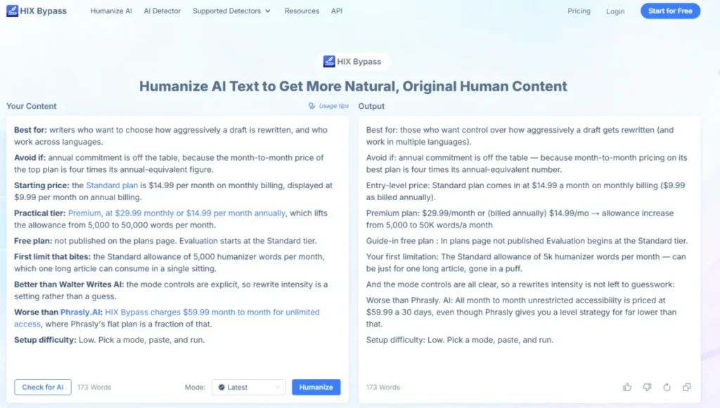 HIX Bypass AI humanizer rewriting a sample passage with its Latest mode