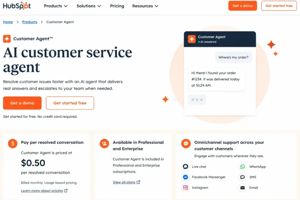 HubSpot Customer Agent priced at $0.50 per resolved conversation for Professional and Enterprise plans