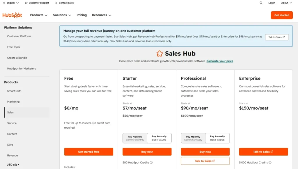 hubspot-sales-hub-pricing HubSpot Sales Hub pricing showing Free, Starter, Professional, and Enterprise plans in 2026