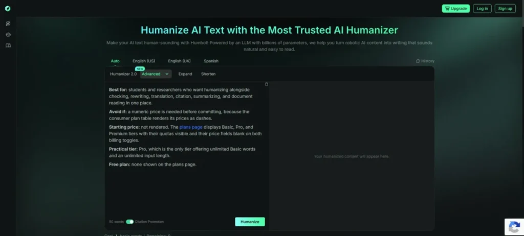 Humbot AI Humanizer with Advanced mode and citation protection selected