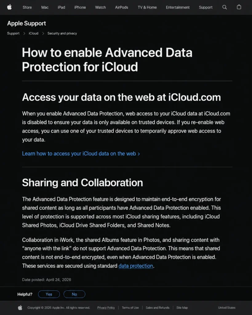 Apple Support page listing iWork collaboration, Shared Albums, and anyone-with-the-link sharing as unsupported by Advanced Data Protection