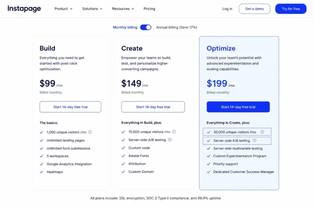 Instapage Optimize plan showing server-side A/B testing at $199 per month and 30,000 unique visitors