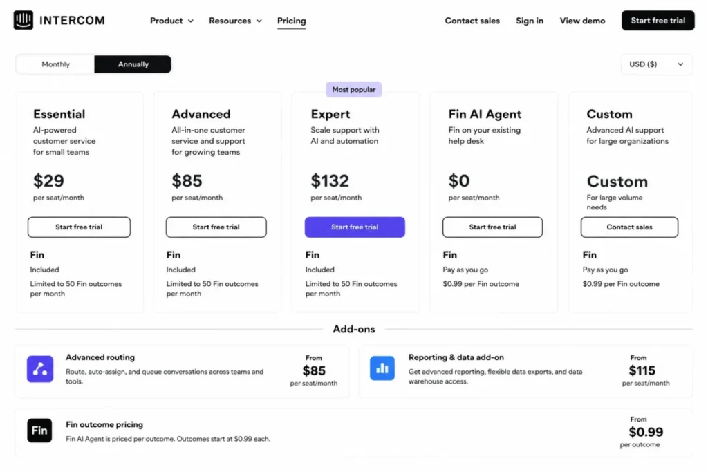 Intercom pricing comparison showing Essential and Advanced seat prices alongside Fin AI outcome pricing from $0.99 per outcome.