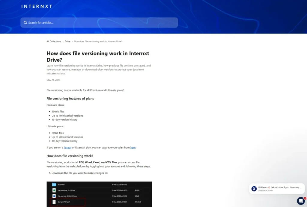 Internxt help page showing Premium versioning at 10 versions over 15 days and Ultimate at 20 versions over 30 days