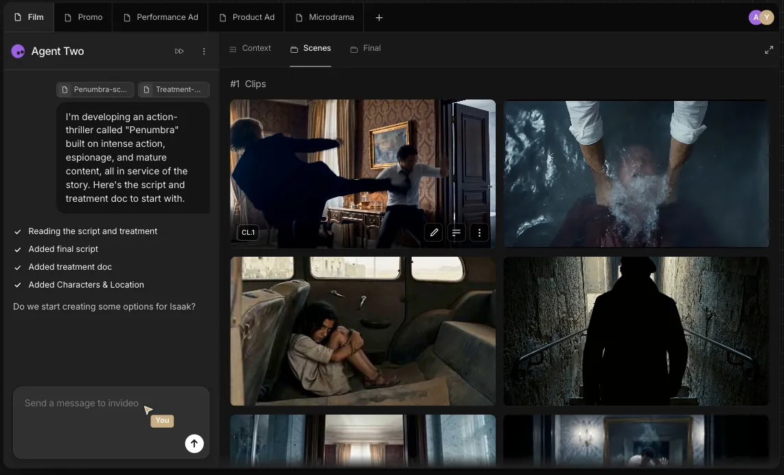 Scenes and clips generated inside the project, the approved takes a Slate edit is assembled from