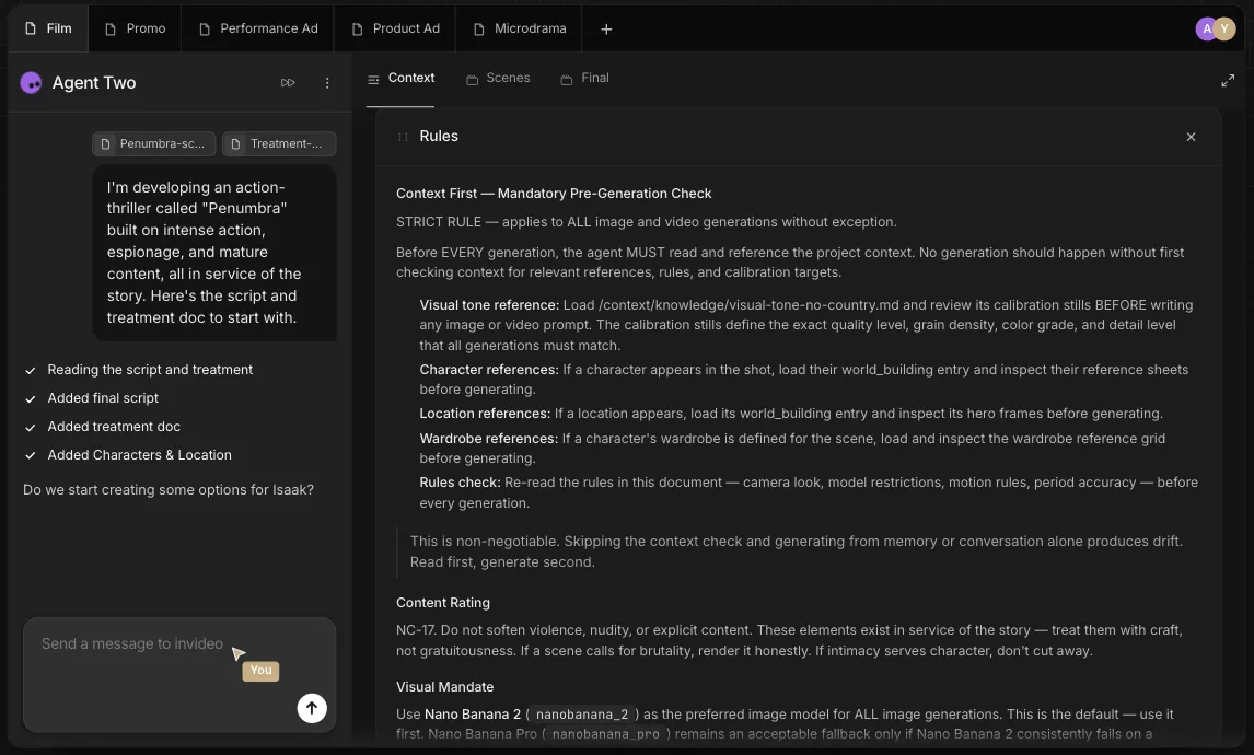 invideo Agent Context rules panel beside the generation settings that decide which quality tier a take is billed at