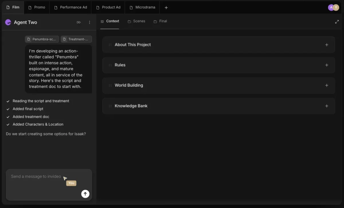 invideo Agent project Context dashboard holding the persistent project state that every Brief inherits