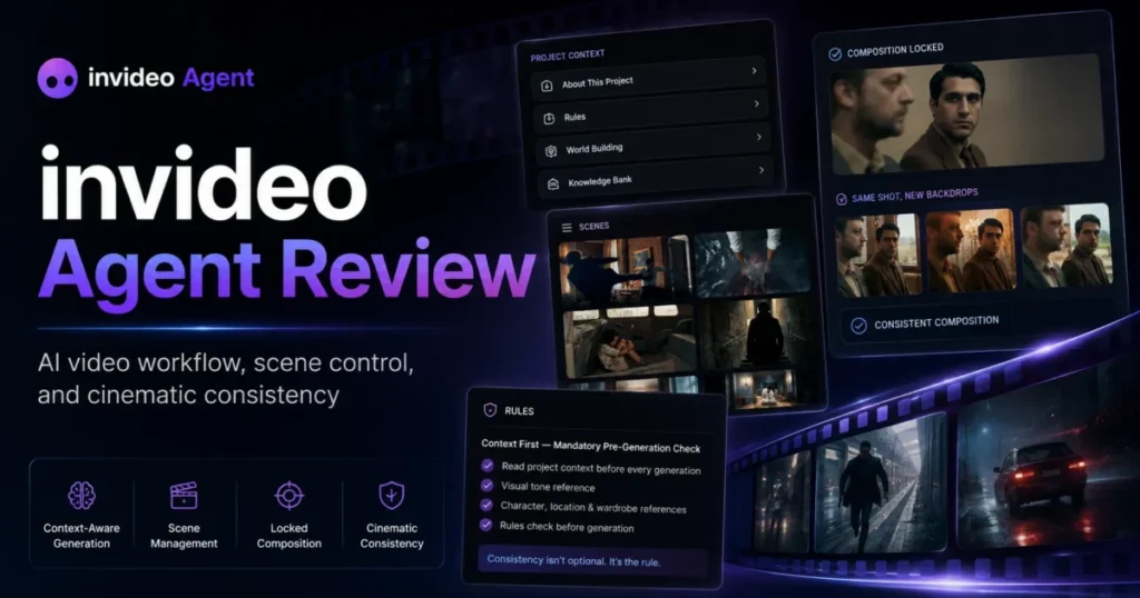 invideo Agent Review showing AI video workflow, scene management, context rules, and composition consistency
