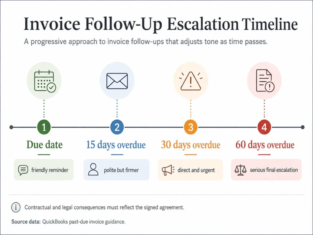 Invoice follow-up escalation timeline from due date to 60 days overdue
