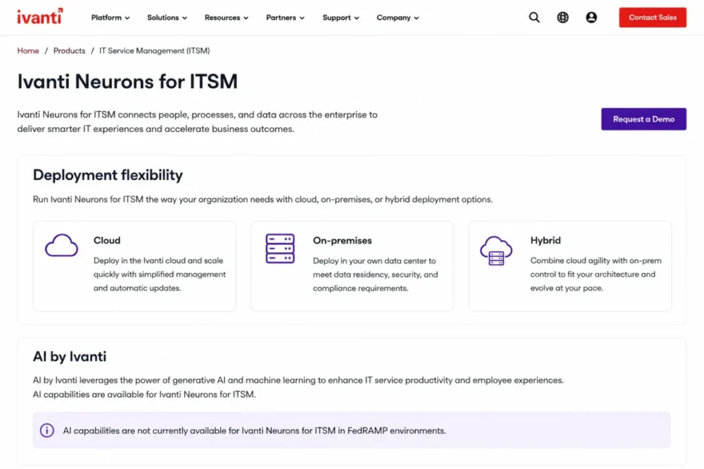 Ivanti Neurons for ITSM deployment options showing cloud, on-premises and hybrid, with AI unavailable in FedRAMP environments.