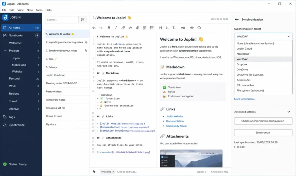 Joplin Markdown editor with preview and synchronization targets