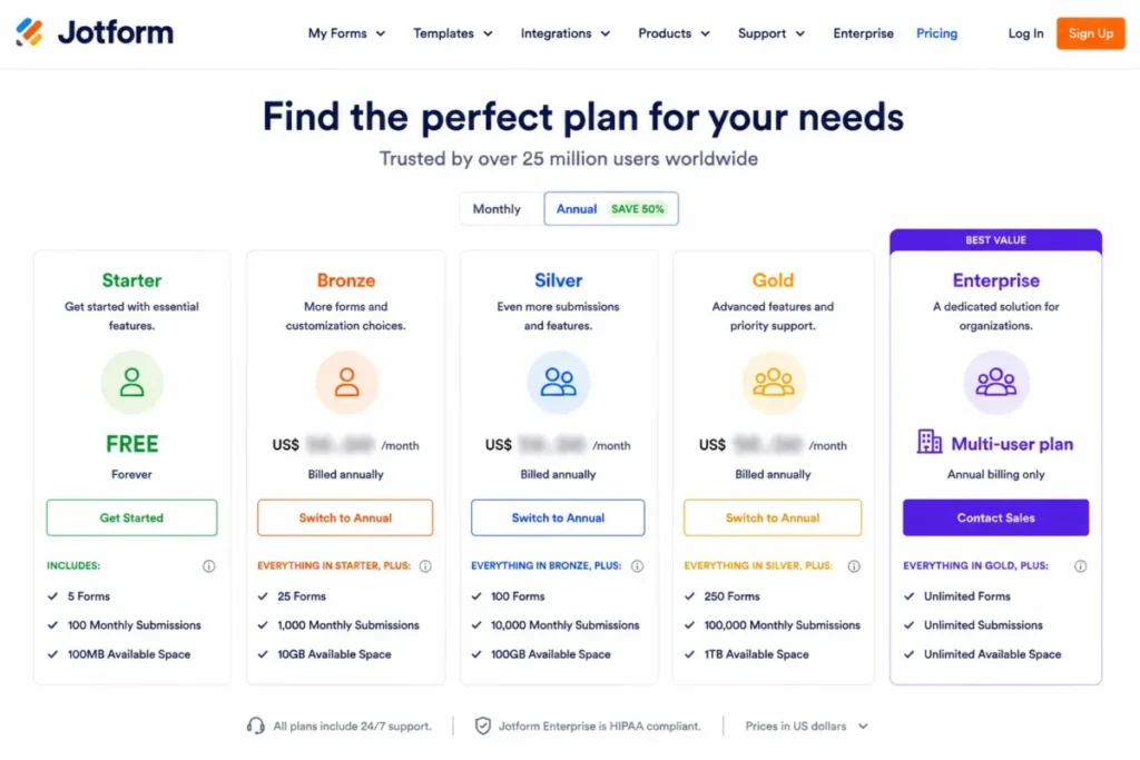 Jotform pricing illustration showing the free Starter plan and Enterprise as the multi-user plan.