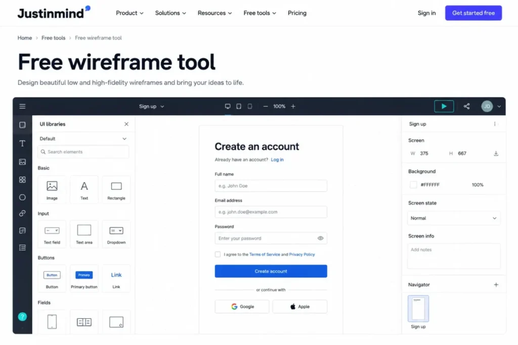 Justinmind wireframe editor showing the UI element library, a signup form with input fields, and the prototype preview control.