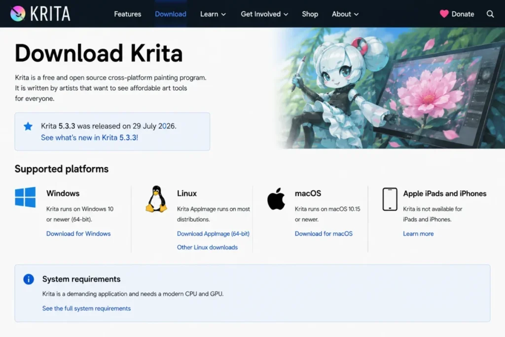 Krita 5.3.3 supported platforms showing Windows, Linux, macOS, and no iPad or iPhone support