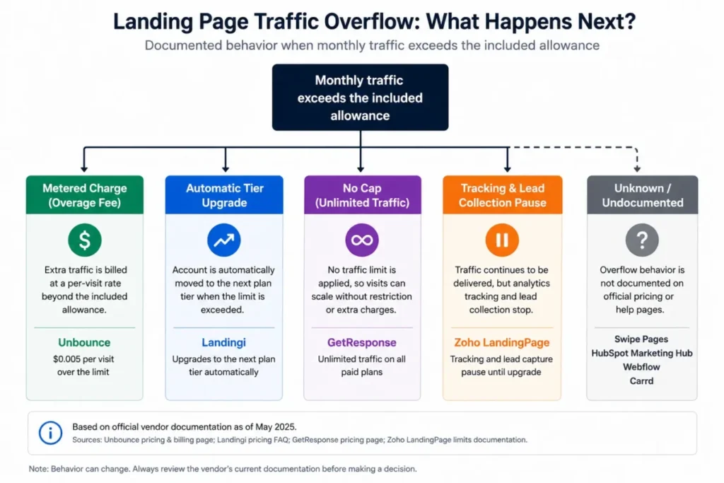 Landing page builder traffic overflow outcomes including overage fees, auto-upgrades, no traffic caps, and tracking pauses