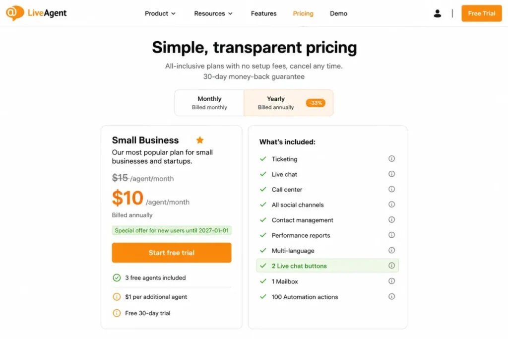 Editorial recreation of LiveAgent Small Business annual pricing showing a $15 list price, $10 promotional price, and two live chat buttons.