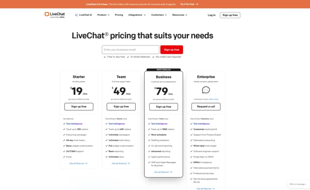 LiveChat pricing page showing Starter at $19, Team at $49, Business at $79 per person monthly, and custom Enterprise pricing.