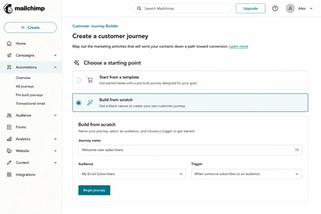 Mailchimp Customer Journey builder with name, audience and trigger settings