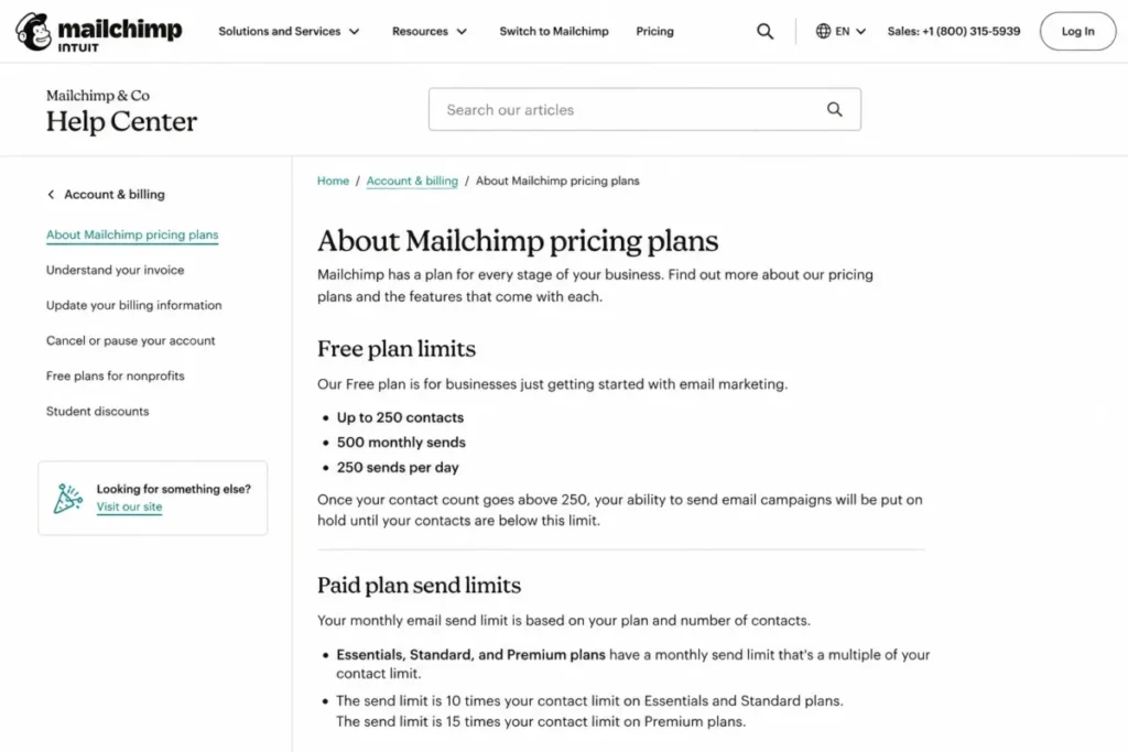 Mailchimp Free plan limits showing 250 contacts, 500 monthly sends, and 250 sends per day