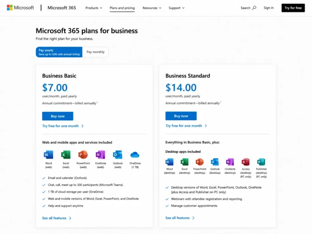 Microsoft 365 Business Basic and Business Standard pricing cards showing web and mobile apps on Basic and desktop apps on Standard.