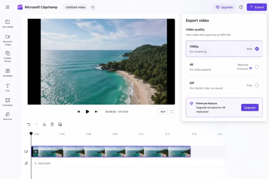 Microsoft Clipchamp export panel showing free 1080p export and 4K requiring Premium