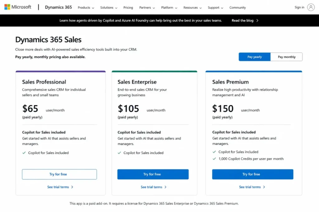 Microsoft Dynamics 365 Sales pricing showing Professional, Enterprise, and Premium plans with Copilot