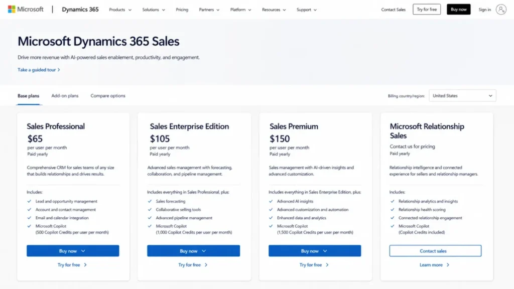 Microsoft Dynamics 365 Sales pricing page showing Professional, Enterprise, Premium, and Relationship Sales plans