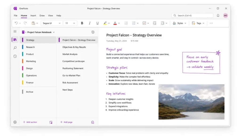 Microsoft OneNote notebook, section, and page hierarchy on Windows