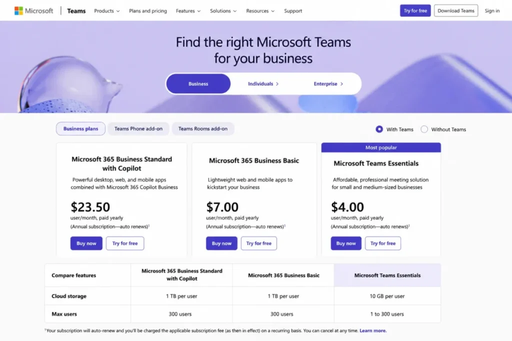 Microsoft Teams business plans showing Teams Essentials at $4 yearly with 10 GB storage per user and support for up to 300 users.