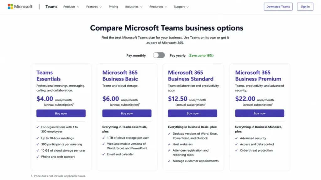 Microsoft Teams business pricing comparison showing Teams Essentials at $4 per user monthly on annual billing and Microsoft 365 bundle tiers.