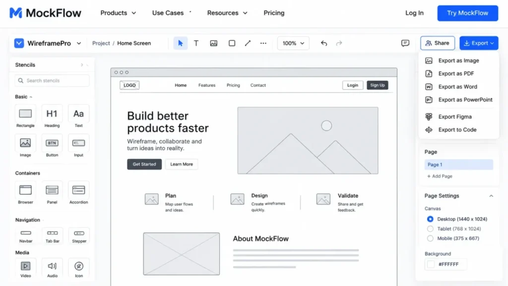 MockFlow WireframePro editor showing the stencil library, a low-fidelity web wireframe, and export options including Figma and code.
