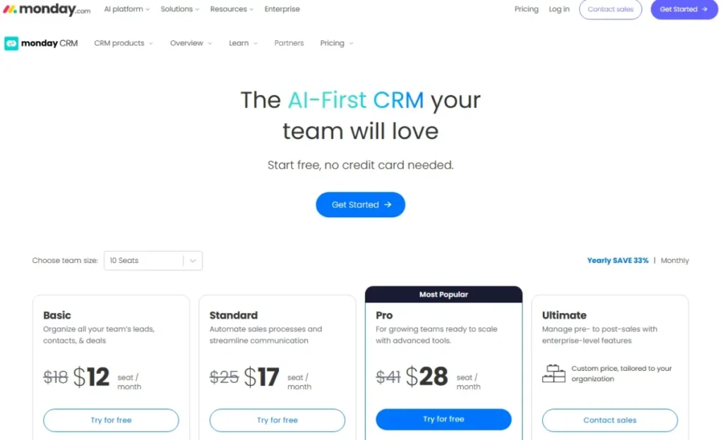 monday CRM pricing showing Basic, Standard, Pro, and Ultimate plans with yearly billing in 2026