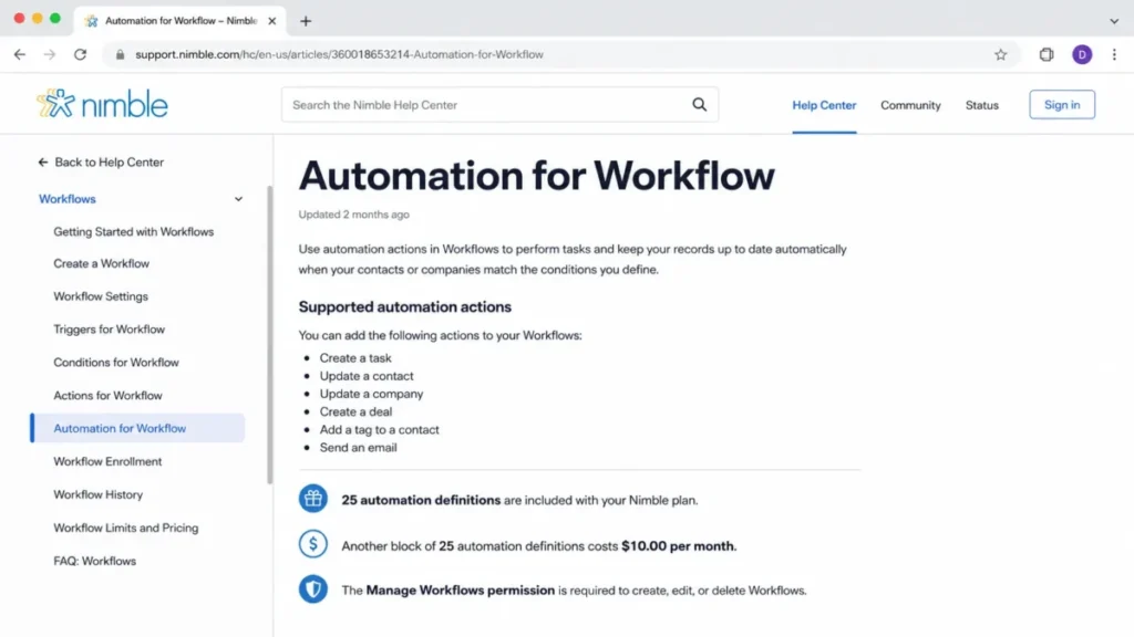 Nimble help-center article showing supported Workflow automation actions, 25 included automation definitions, add-on pricing, and permission requirements.