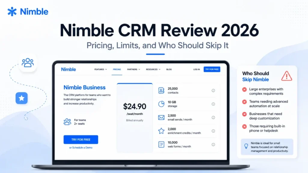 Featured image for Nimble CRM Review 2026 showing Nimble pricing, plan limits, and who should skip the platform.