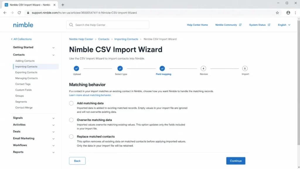 Nimble CSV Import Wizard showing add, overwrite, and replace matching options during the field-mapping step.