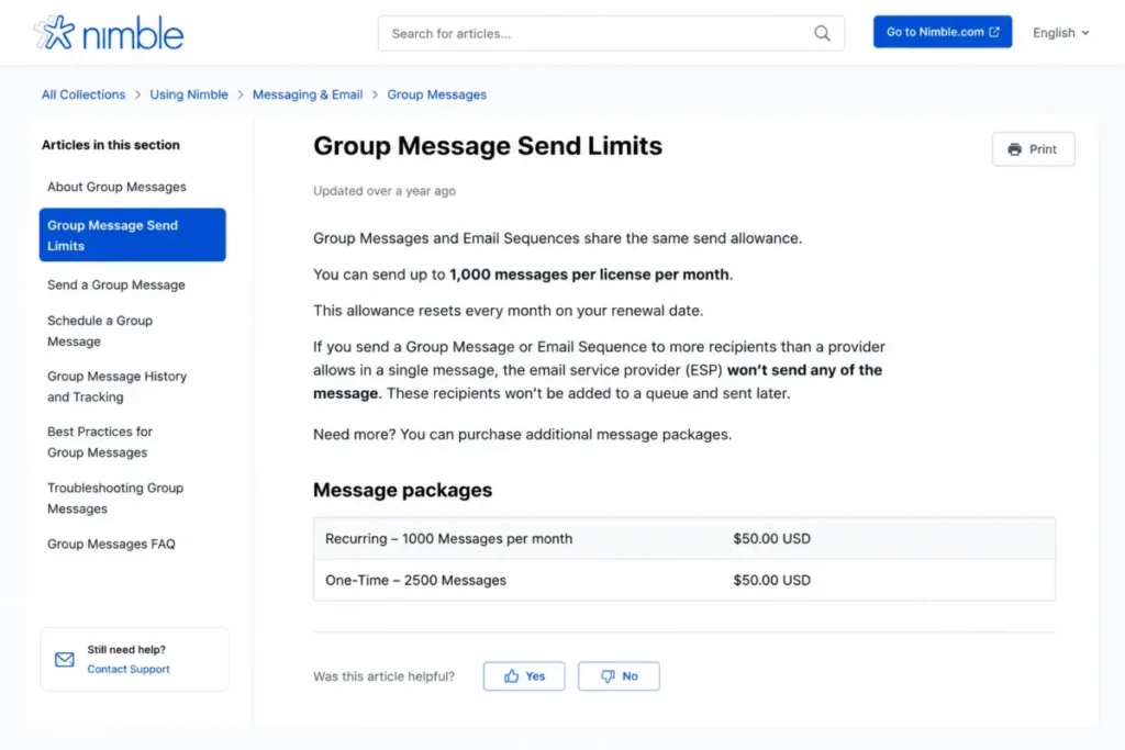 Nimble help-center article showing the 1,000-message monthly allowance, provider sending limits, and additional message package prices.