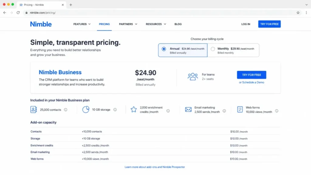 Nimble pricing page showing the Nimble Business plan with annual billing selected and add-on capacity pricing.