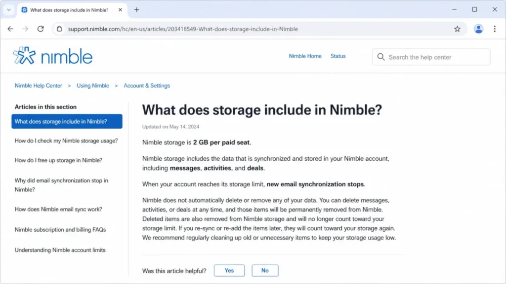 Nimble help-center article showing 2 GB of storage per paid seat and explaining that new email synchronization stops at the storage limit.
