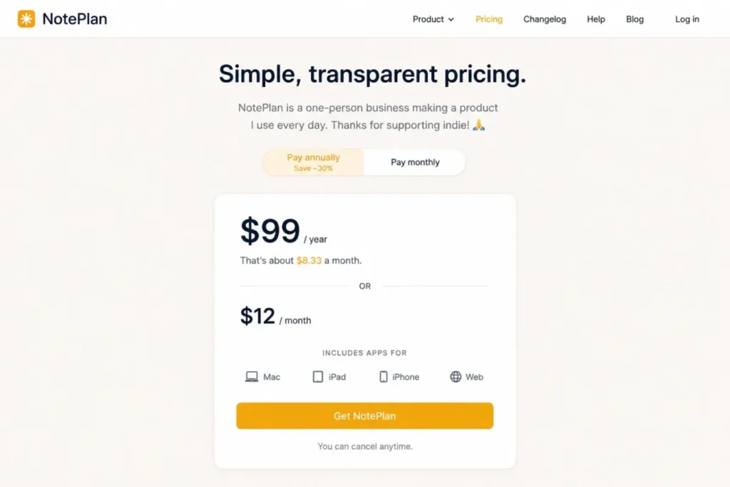 NotePlan pricing showing $99 per year, $12 per month, and support for Mac, iPad, iPhone and Web