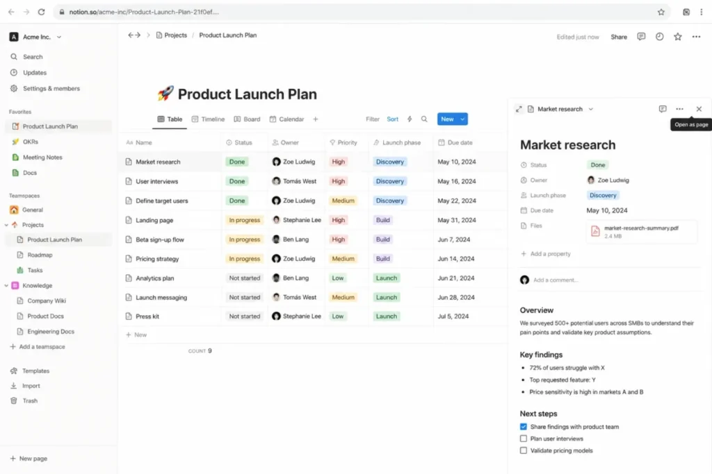 Notion workspace with a database table and linked page