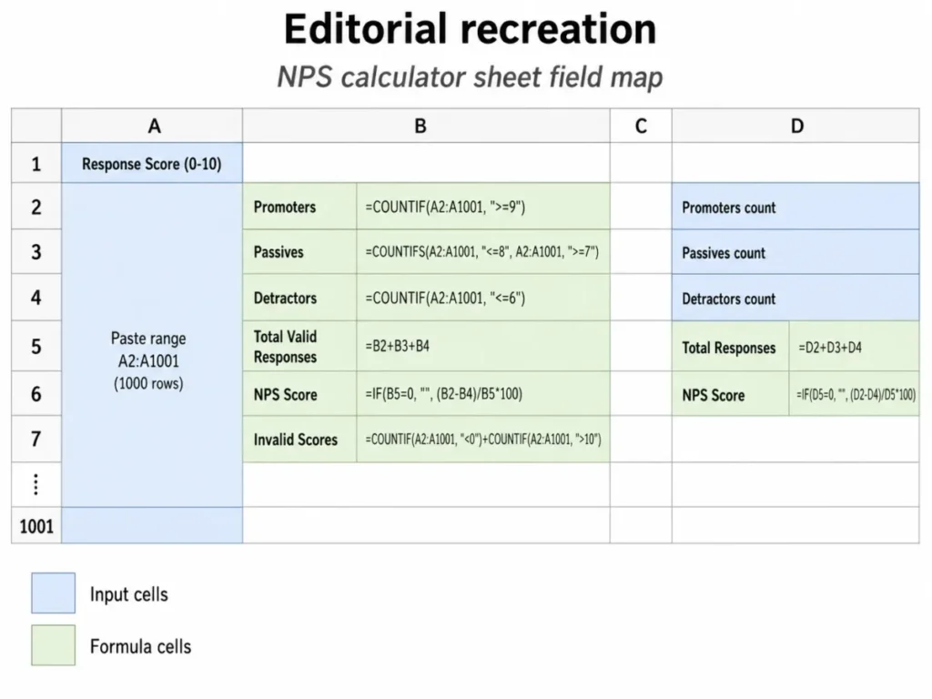 Editorial recreation of an NPS calculator Excel template showing raw response inputs, Promoter, Passive and Detractor formulas, NPS score, and quick-count fields