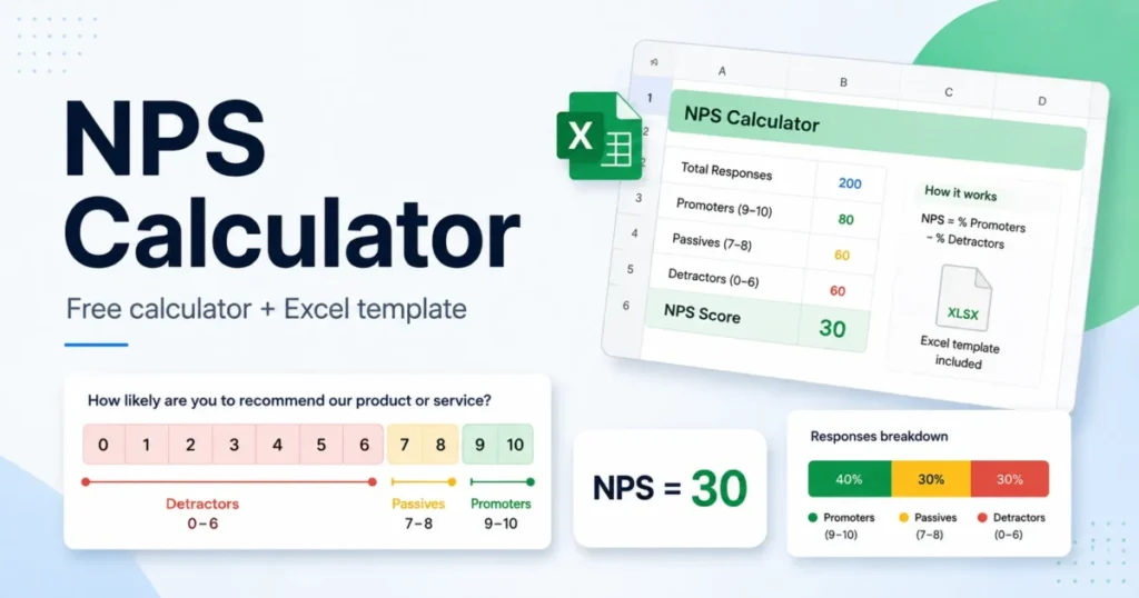 NPS calculator featured image with a 0 to 10 rating scale, NPS score example, response breakdown, and free Excel template