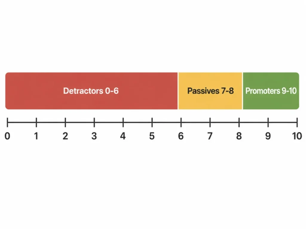 NPS scale diagram showing Detractors 0 to 6, Passives 7 to 8, and Promoters 9 to 10 on a horizontal 0 to 10 rating scale