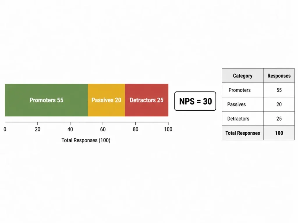 NPS example chart with 55 Promoters, 20 Passives, 25 Detractors, 100 total responses, and an NPS score of 30