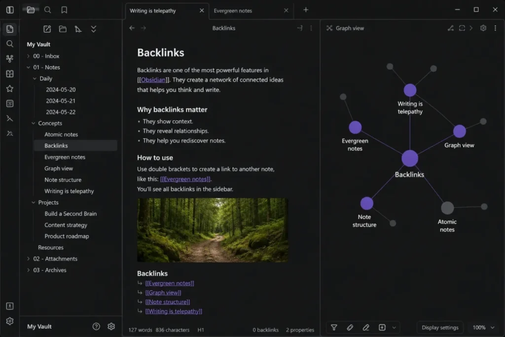 Obsidian local vault with Markdown backlinks and graph view