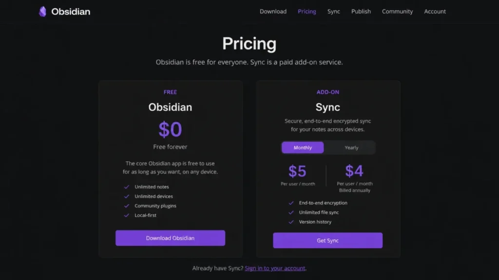 Obsidian pricing showing the free core app and Sync at $4 annually or $5 monthly